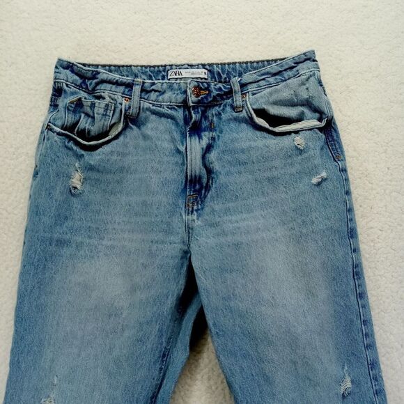 Zara Straight Baggy Jeans Womens 10 (W32) Raw Hem Distressed‎ Cotton Denim Heavy - Picture 2 of 12